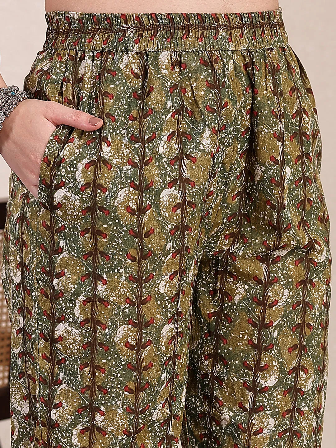 Green Cotton Lace Work On Yoke Straight Kurta Dupatta Pant Set