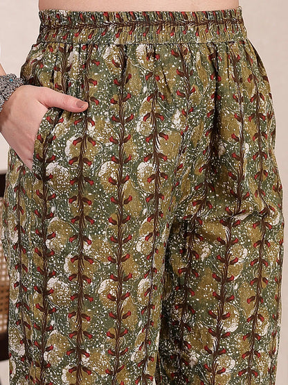 Green Cotton Lace Work On Yoke Straight Kurta Dupatta Pant Set