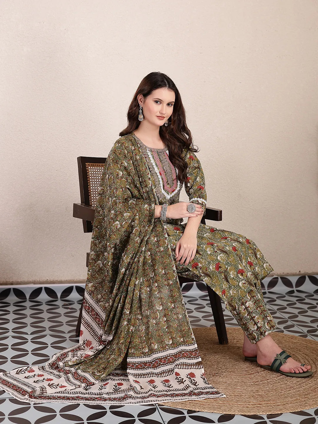 Green Cotton Lace Work On Yoke Straight Kurta Dupatta Pant Set