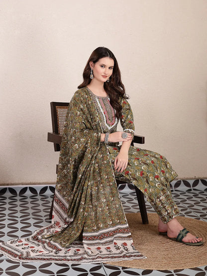 Green Cotton Lace Work On Yoke Straight Kurta Dupatta Pant Set