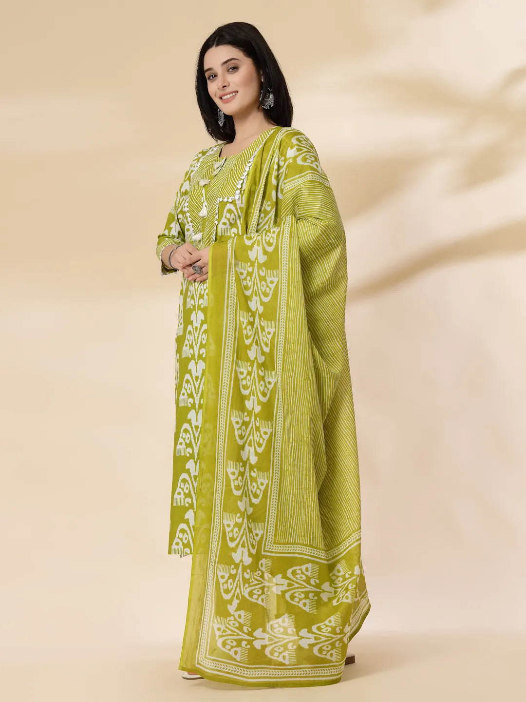 Green Cotton Lace Work-Tassel Straight Kurta Set With Pant & Dupatta