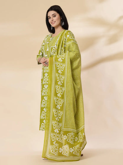 Green Cotton Lace Work-Tassel Straight Kurta Set With Pant & Dupatta