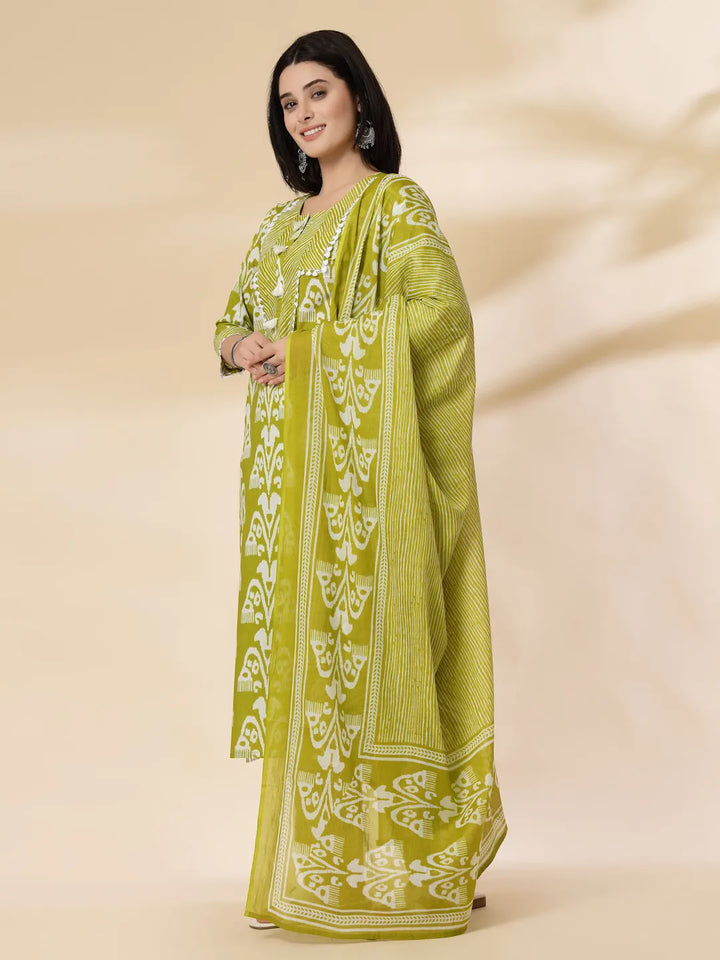 Green Cotton Lace Work-Tassel Straight Kurta Set With Pant &amp; Dupatta