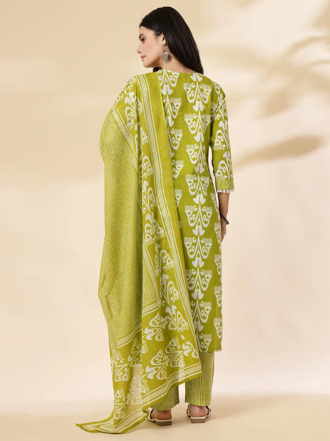 Green Cotton Lace Work-Tassel Straight Kurta Set With Pant & Dupatta