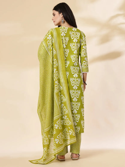 Green Cotton Lace Work-Tassel Straight Kurta Set With Pant & Dupatta