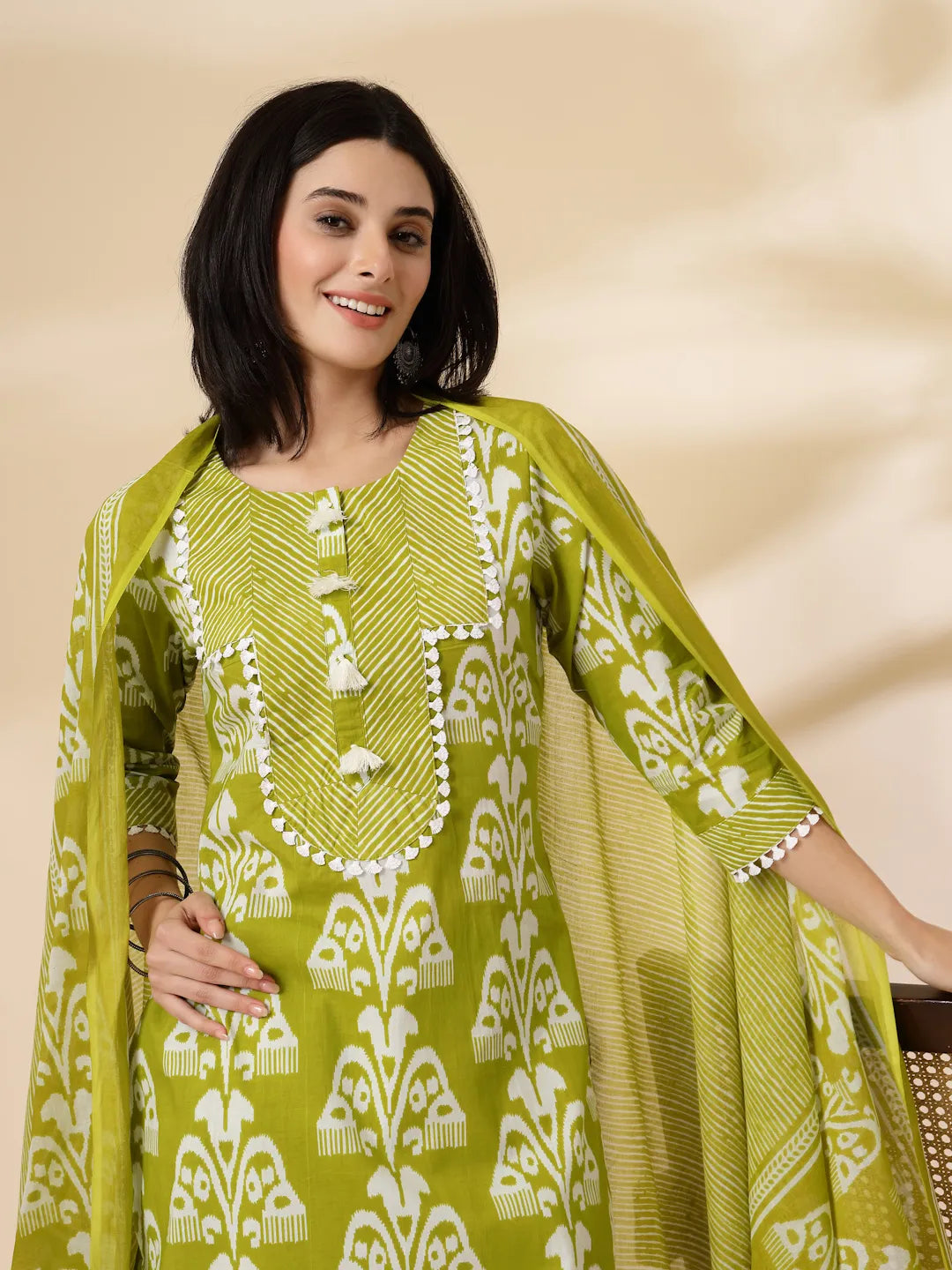 Green Cotton Lace Work-Tassel Straight Kurta Set With Pant & Dupatta