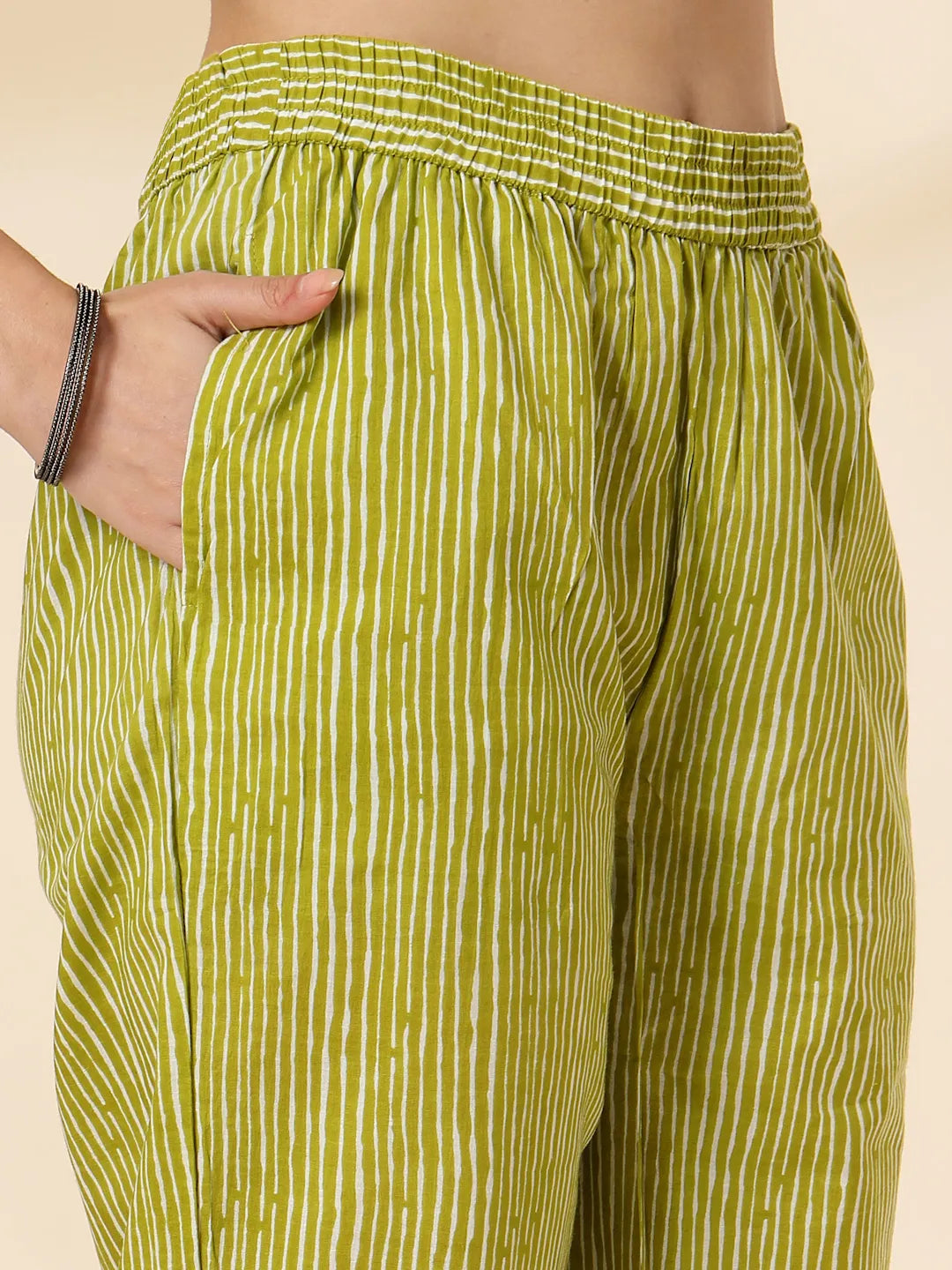 Green Cotton Lace Work-Tassel Straight Kurta Set With Pant & Dupatta