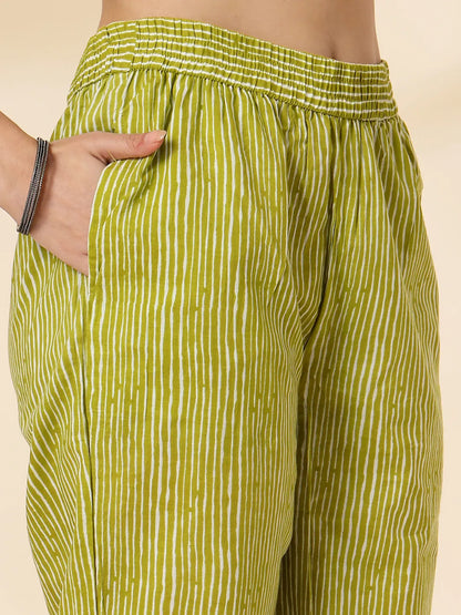 Green Cotton Lace Work-Tassel Straight Kurta Set With Pant & Dupatta