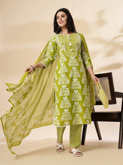 Green Cotton Lace Work-Tassel Straight Kurta Set With Pant & Dupatta