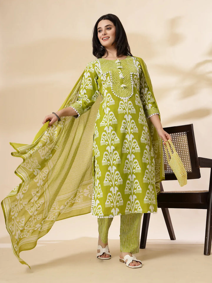 Green Cotton Lace Work-Tassel Straight Kurta Set With Pant &amp; Dupatta
