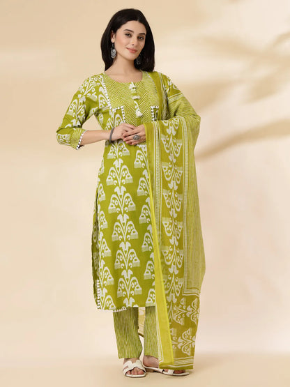 Green Cotton Lace Work-Tassel Straight Kurta Set With Pant & Dupatta