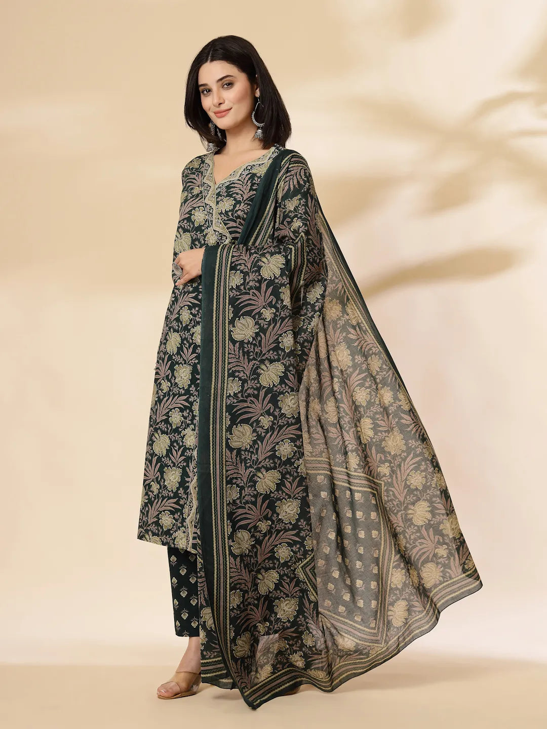 Green Cotton Straight Kurta Dupatta Set