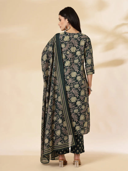 Green Cotton Straight Kurta Dupatta Set