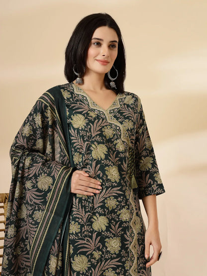 Green Cotton Straight Kurta Dupatta Set