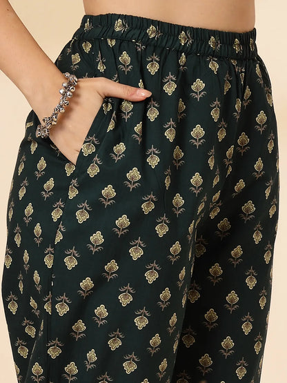 Green Cotton Straight Kurta Dupatta Set