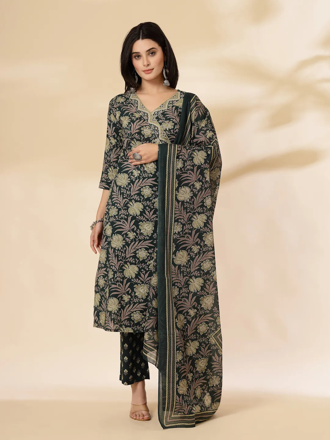 Green Cotton Straight Kurta Dupatta Set