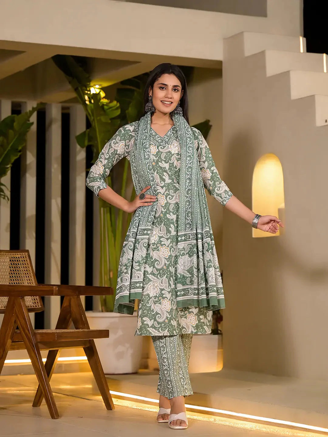 Green Cotton Straight Paisley Print Kurta With Trousers And Dupatta Set