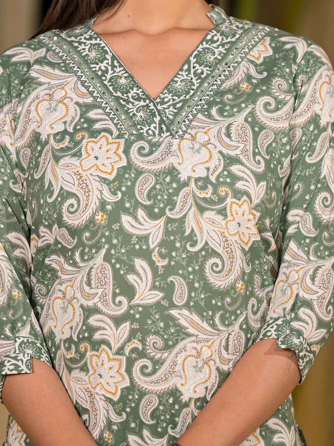 Green Cotton Straight Paisley Print Kurta With Trousers And Dupatta Set