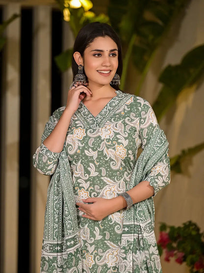 Green Cotton Straight Paisley Print Kurta With Trousers And Dupatta Set