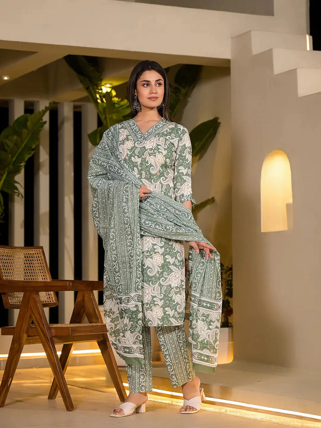 Green Cotton Straight Paisley Print Kurta With Trousers And Dupatta Set