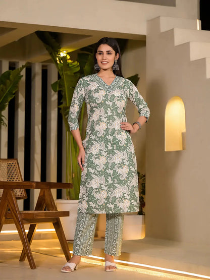 Green Cotton Straight Paisley Print Kurta With Trousers And Dupatta Set