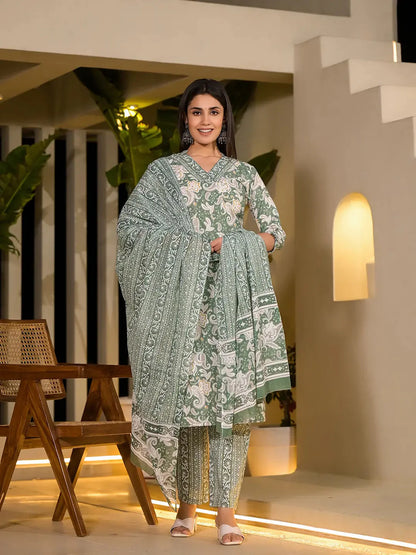 Green Cotton Straight Paisley Print Kurta With Trousers And Dupatta Set