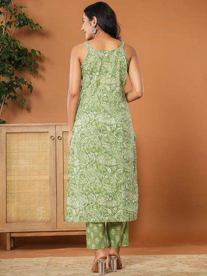 Green Cotton Strappy Kurta Dupatta Set
