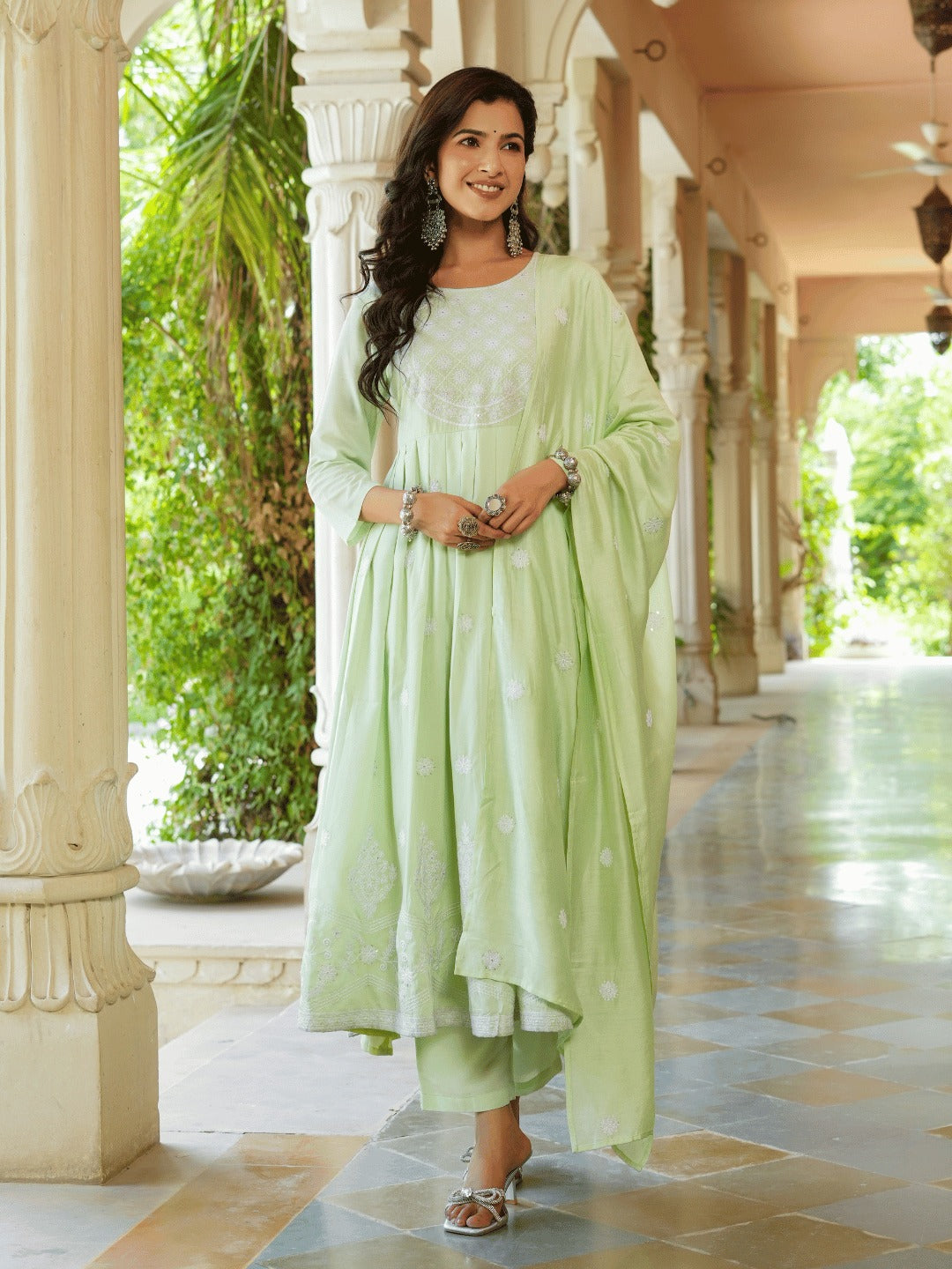 Green Embroidered Fit And Flare Kurta Trouser And Dupatta Set