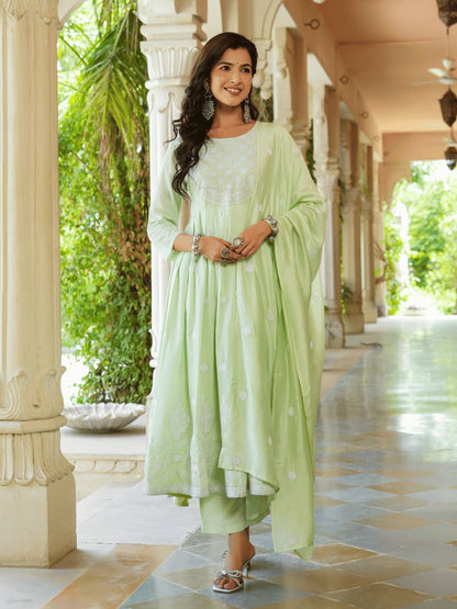 Green Embroidered Fit And Flare Kurta Trouser And Dupatta Set