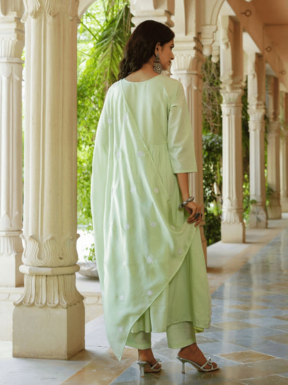 Green Embroidered Fit And Flare Kurta Trouser And Dupatta Set