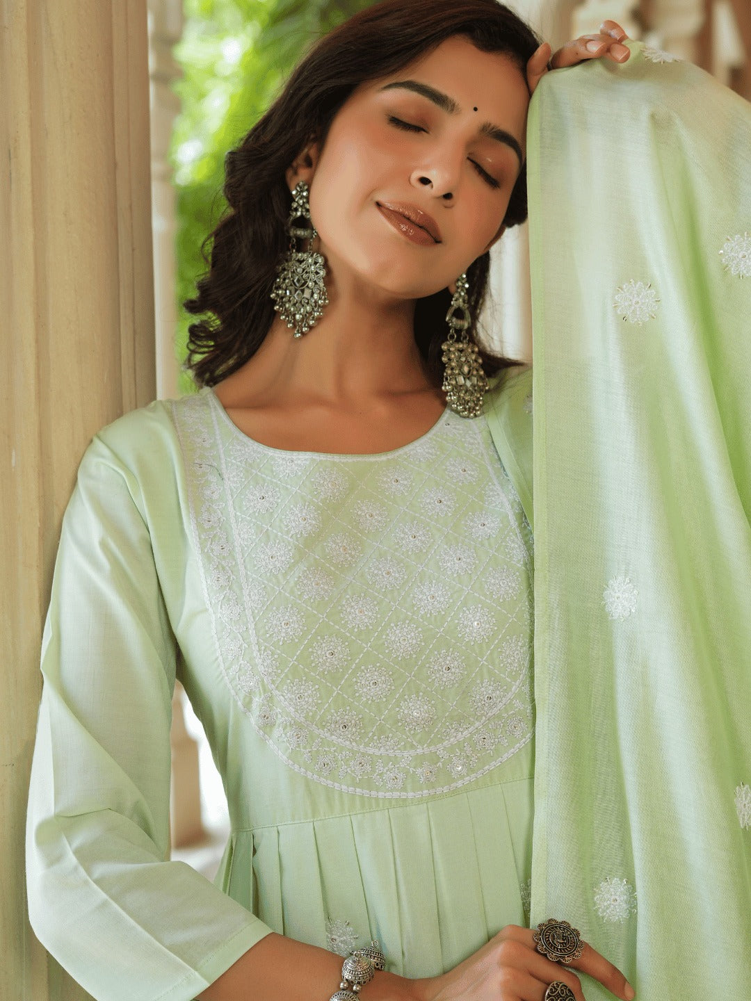 Green Embroidered Fit And Flare Kurta Trouser And Dupatta Set