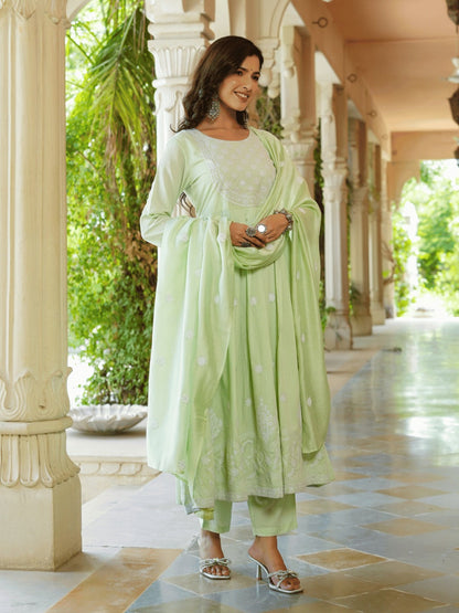 Green Embroidered Fit And Flare Kurta Trouser And Dupatta Set