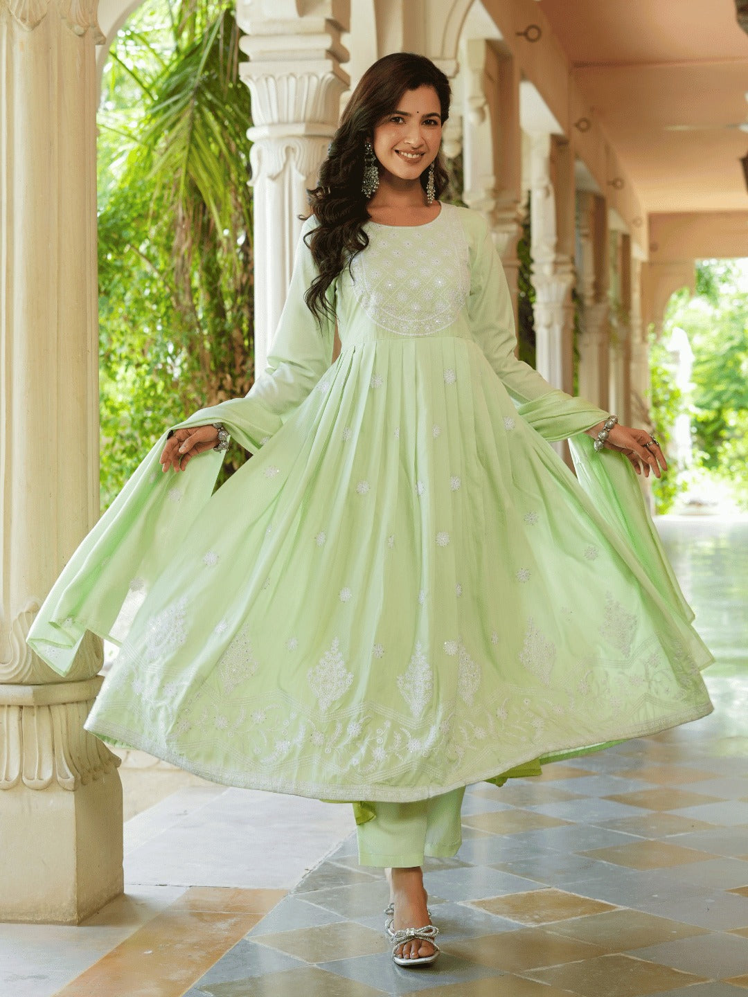 Green Embroidered Fit And Flare Kurta Trouser And Dupatta Set
