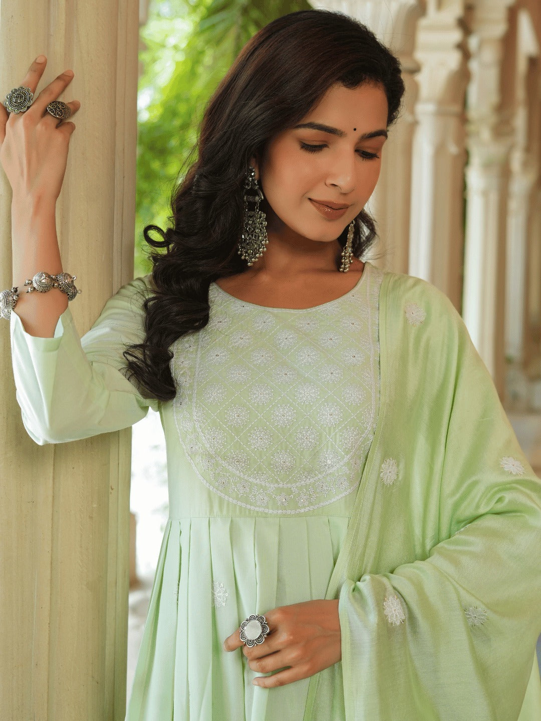 Green Embroidered Fit And Flare Kurta Trouser And Dupatta Set