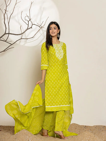 Green Ethnic Motifs Cotton Straight Kurta Dupatta Set