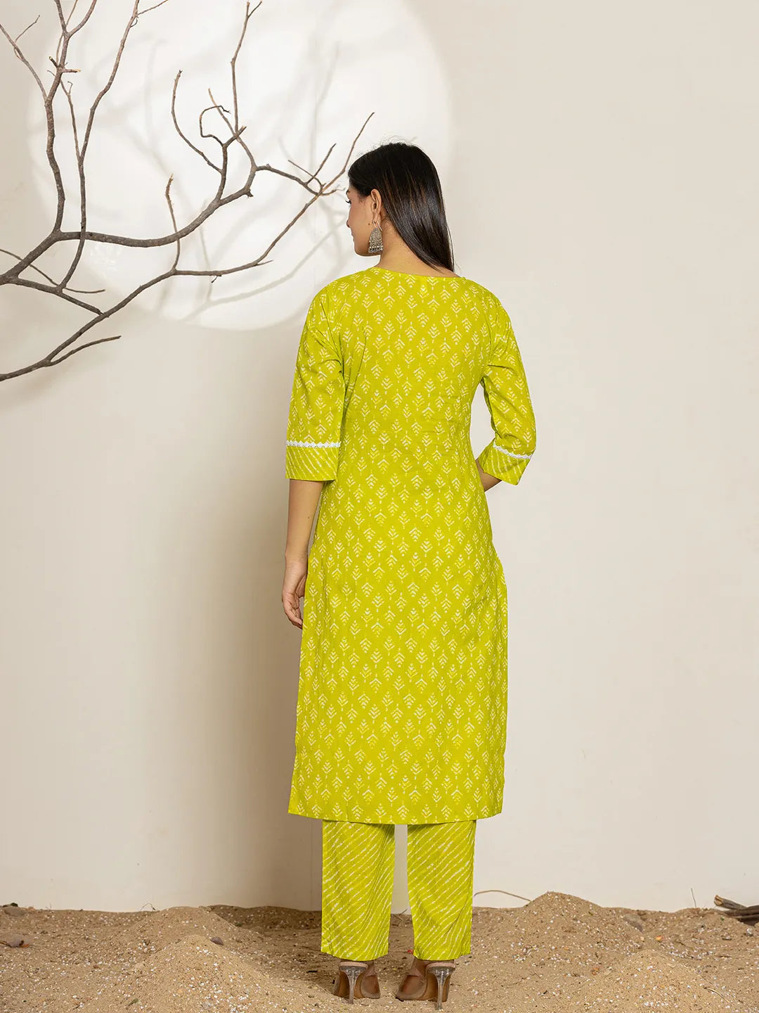 Green Ethnic Motifs Cotton Straight Kurta Dupatta Set