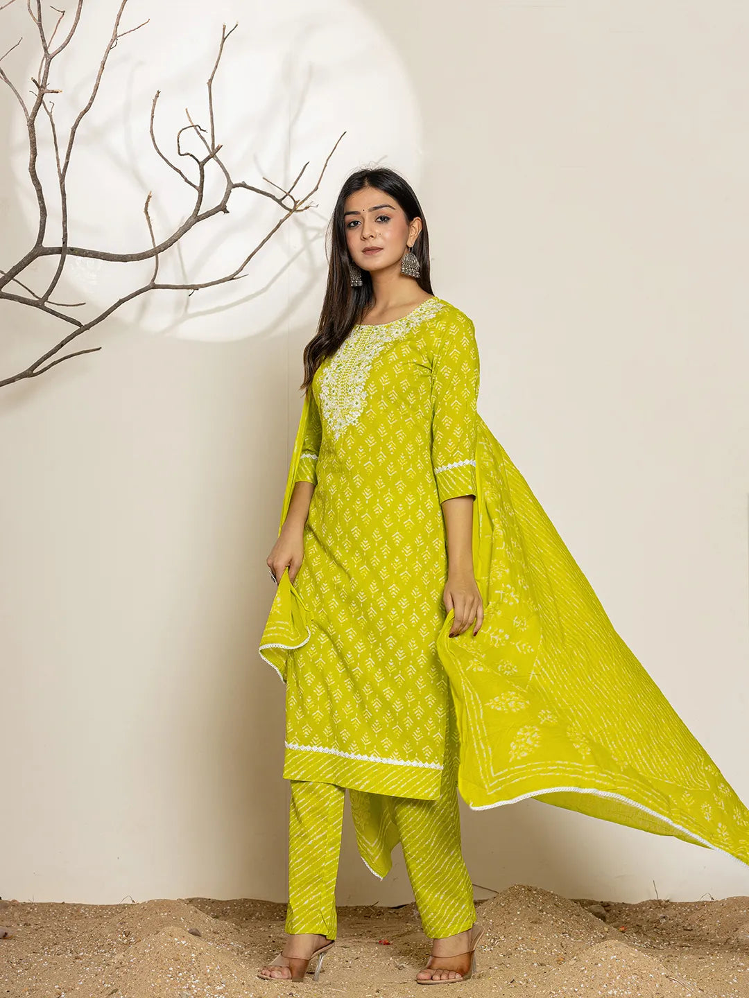 Green Ethnic Motifs Cotton Straight Kurta Dupatta Set