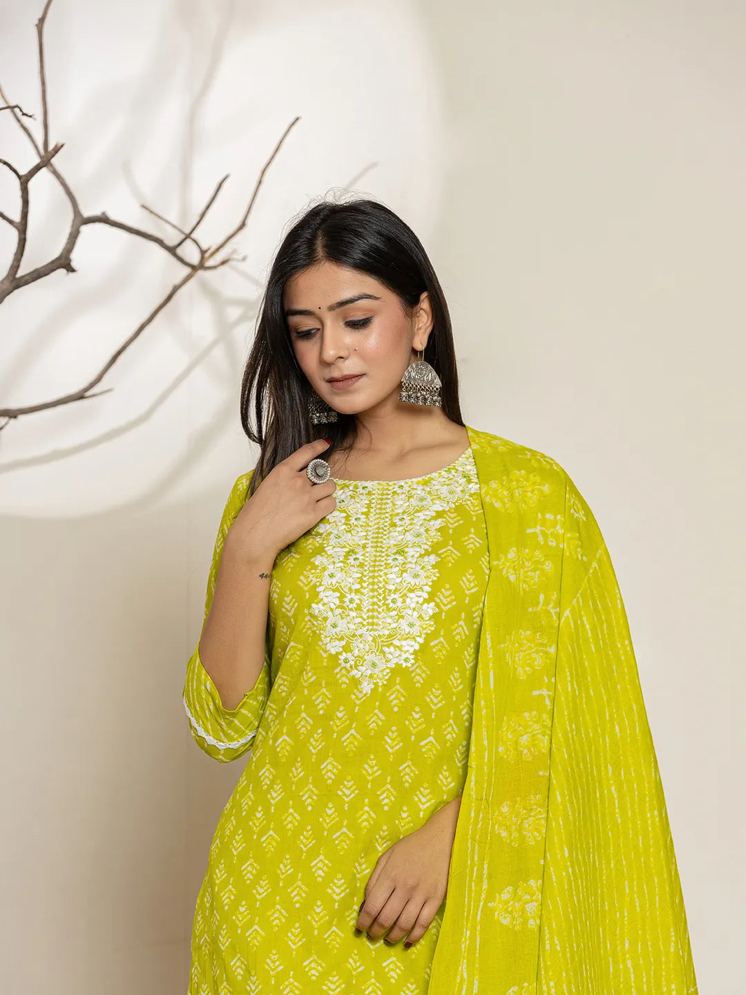 Green Ethnic Motifs Cotton Straight Kurta Dupatta Set