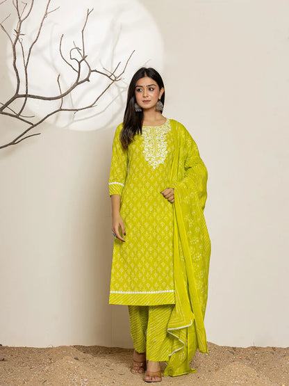 Green Ethnic Motifs Cotton Straight Kurta Dupatta Set
