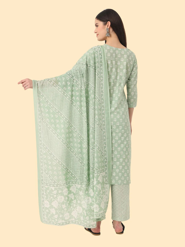 Green Ethnic Motifs Embroidered Regular Chikankari Pure Cotton Kurta With Trousers &amp; With Dupatta