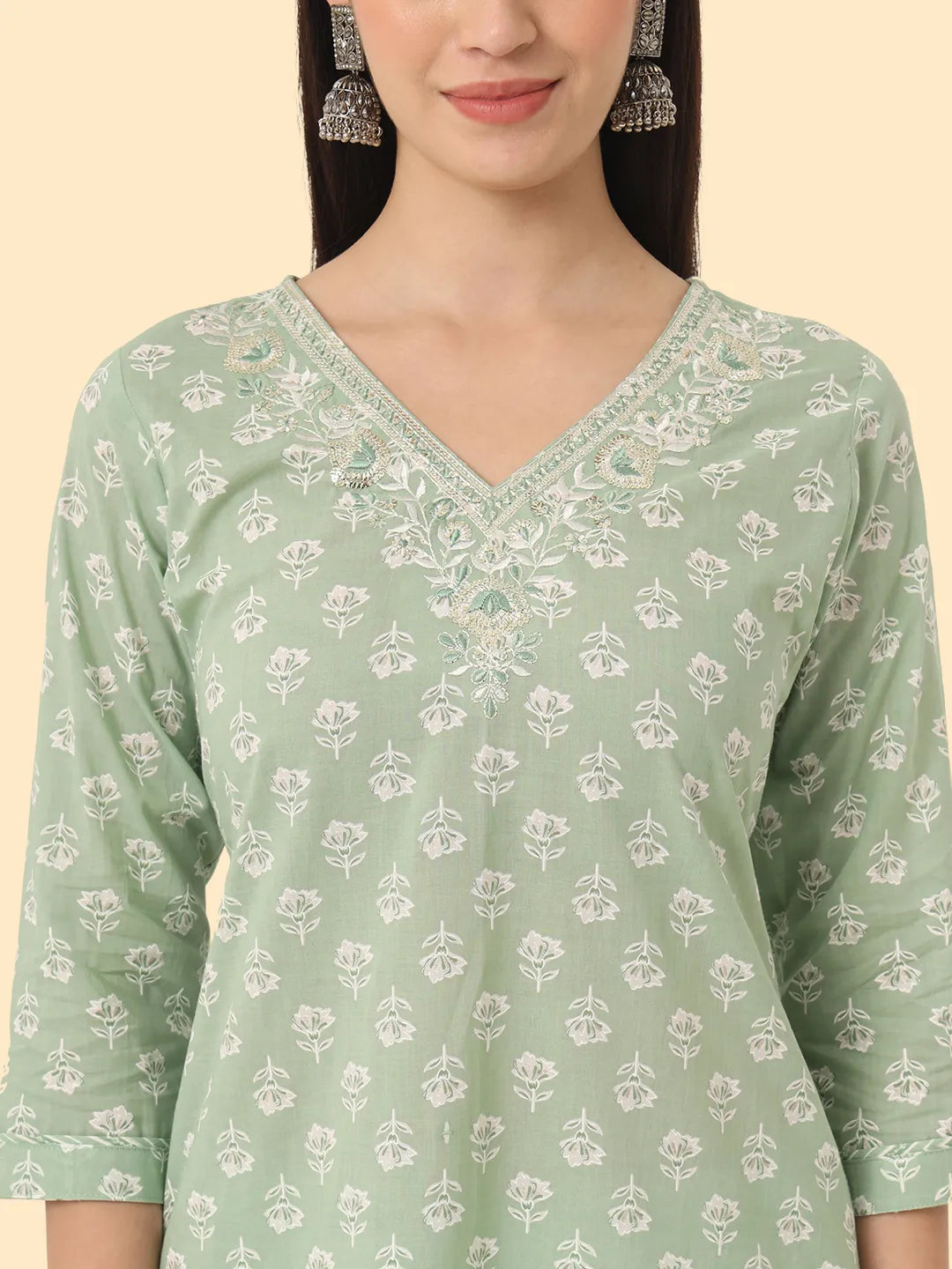 Green Ethnic Motifs Embroidered Regular Chikankari Pure Cotton Kurta With Trousers &amp; With Dupatta