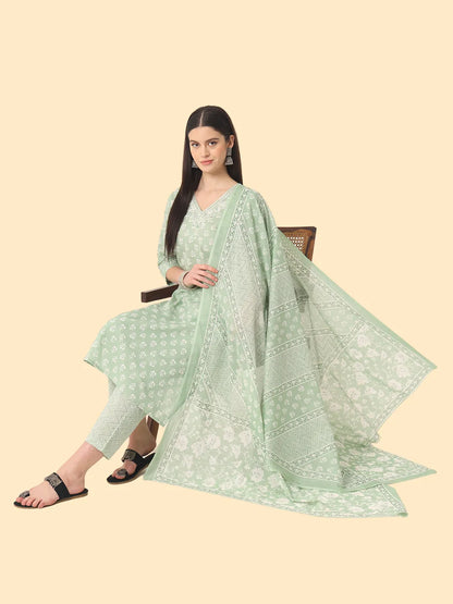 Green Ethnic Motifs Embroidered Regular Chikankari Pure Cotton Kurta With Trousers & With Dupatta