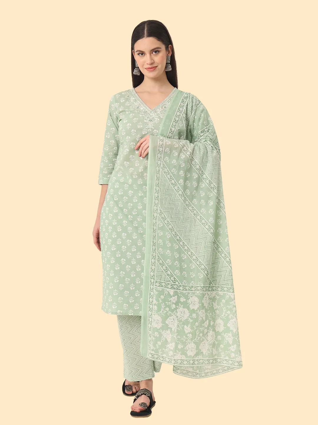 Green Ethnic Motifs Embroidered Regular Chikankari Pure Cotton Kurta With Trousers & With Dupatta