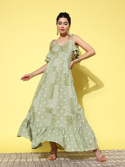 Green Ethnic Motifs Print Cotton A Line Maxi Dress