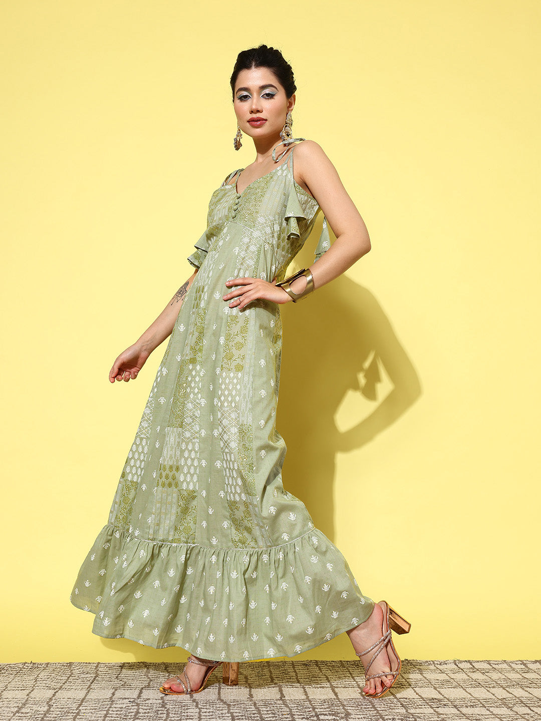 Green Ethnic Motifs Print Cotton A Line Maxi Dress