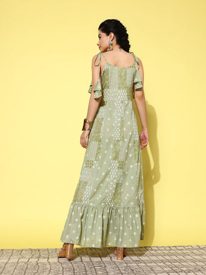Green Ethnic Motifs Print Cotton A Line Maxi Dress