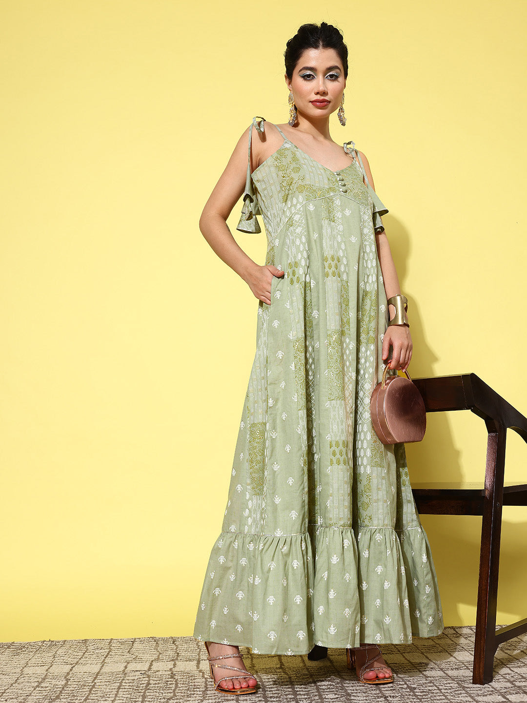 Green Ethnic Motifs Print Cotton A Line Maxi Dress