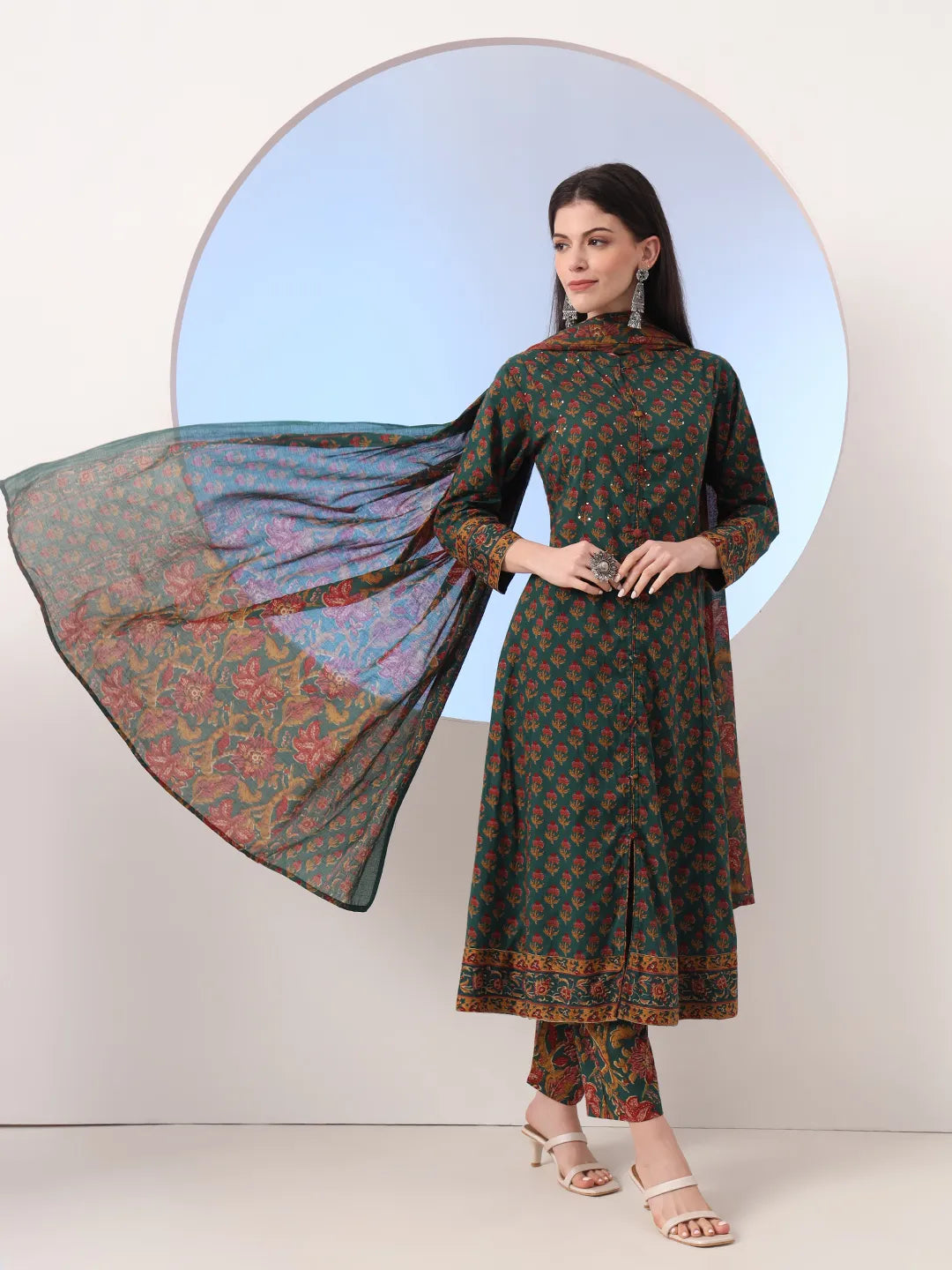 Green Floral A-Line Sequins Work Kurta And Trouser With Dupatta Set