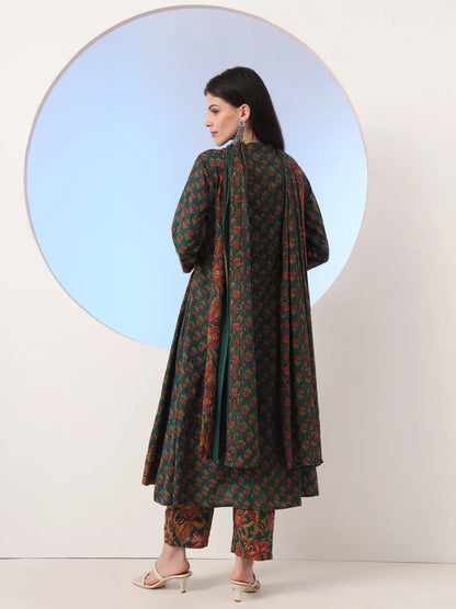 Green Floral A-Line Sequins Work Kurta And Trouser With Dupatta Set