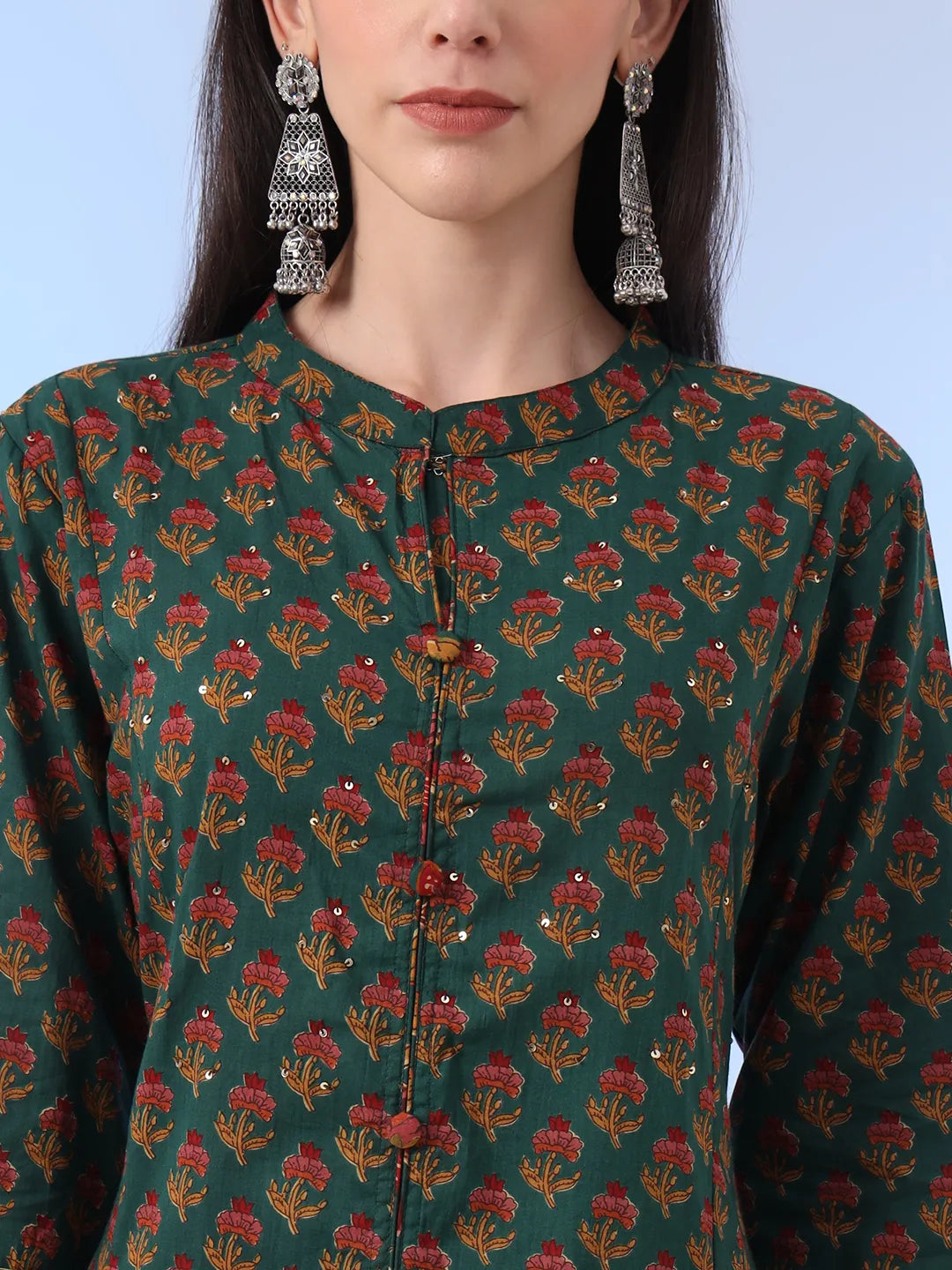 Green Floral A-Line Sequins Work Kurta And Trouser With Dupatta Set